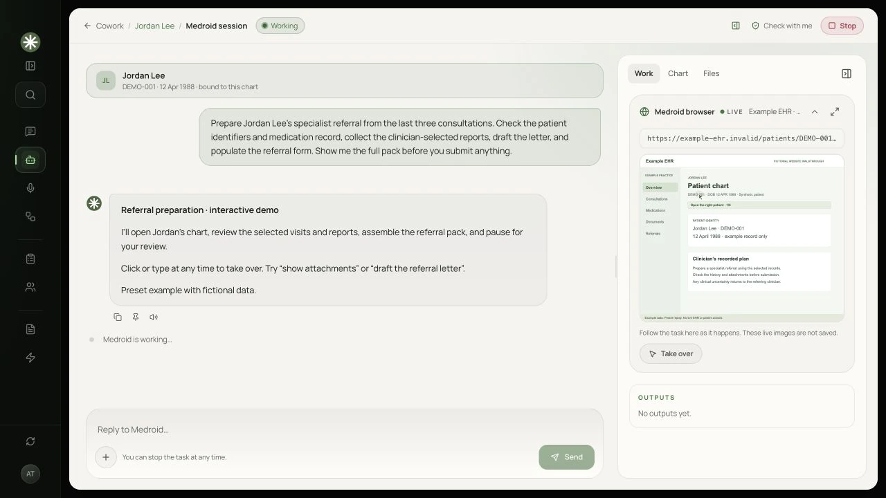 The actual Medroid Cowork interface: referral task, conversation, and browser workspace with patient chart and review controls.